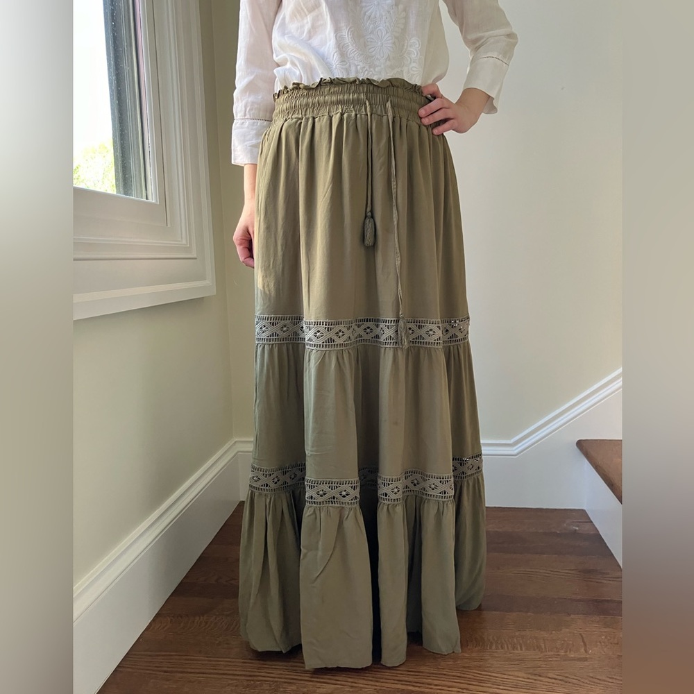 Scarlet Darkness tiered maxi skirt flowy Peasant Boho Cottagecore Prairie lace L - Picture 2 of 6
